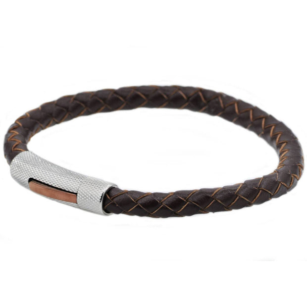 Brown Leather and Stainless Steel Bracelet