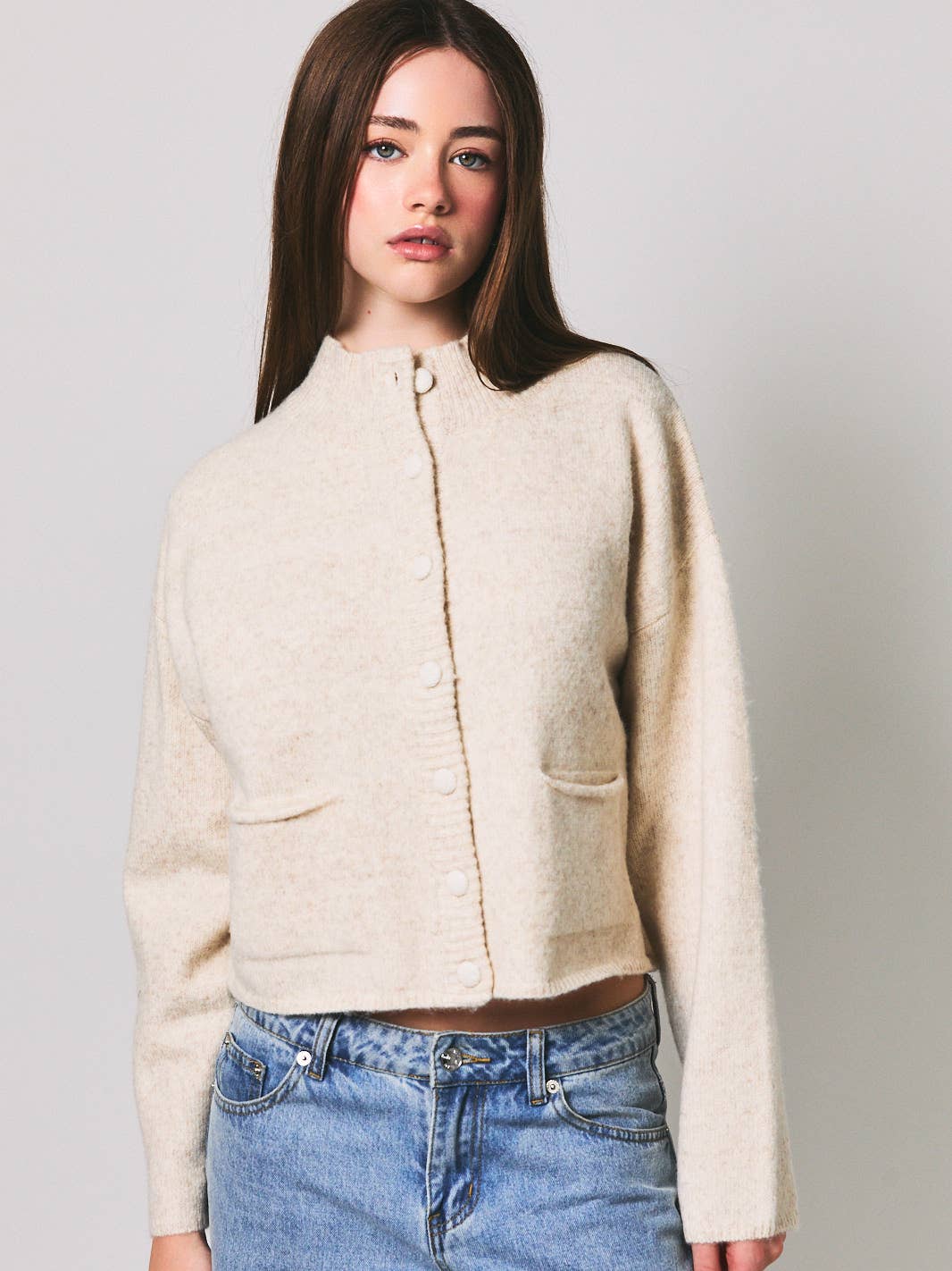 Oatmeal Mock Neck Button-Front Cardigan
