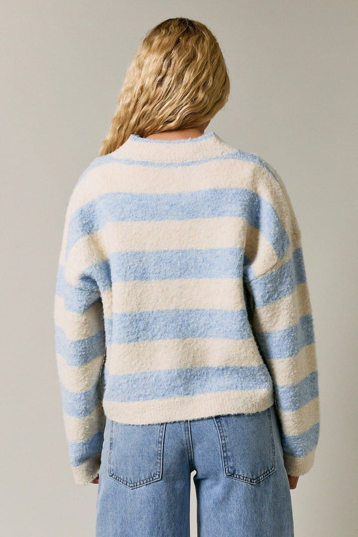 Blue Skies Striped Mock Neck Cardigan – Cream &amp; Light Blue Blue Skies Striped Mock Neck Cardigan – Cream &amp; Light Blue Tops