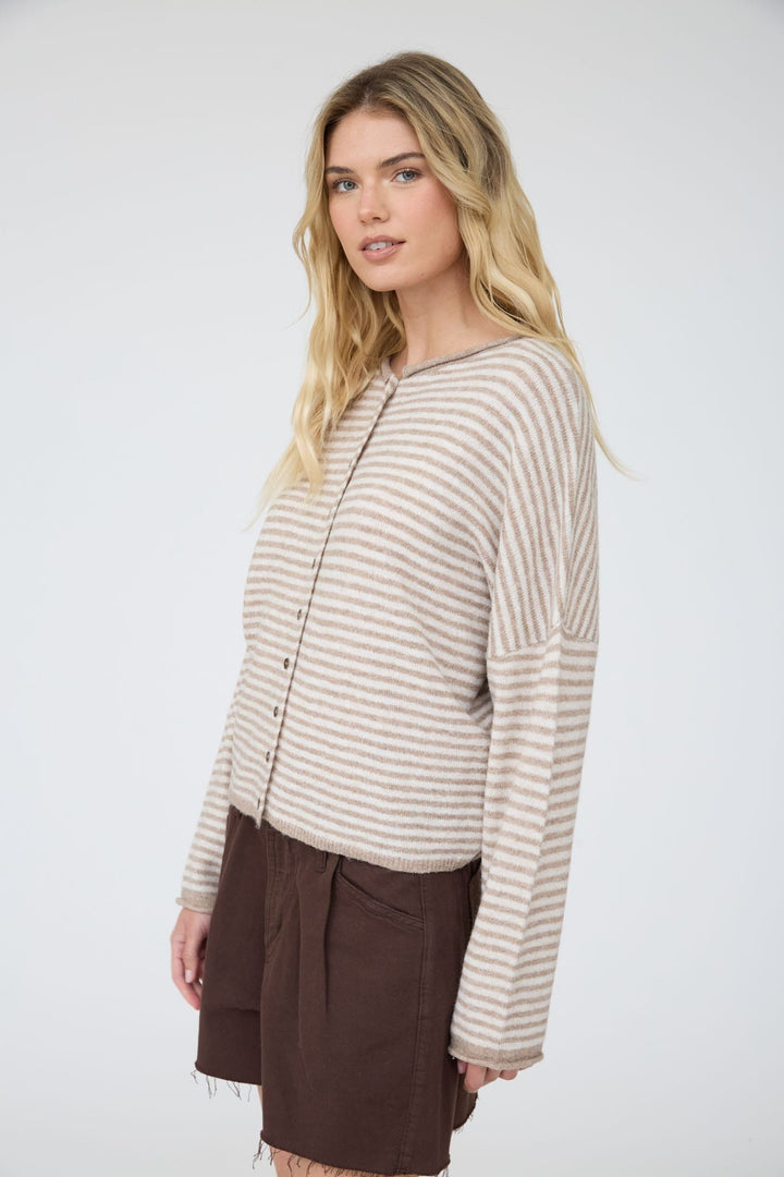 Aspen Mocha Striped Button-Up Knit Cardigan