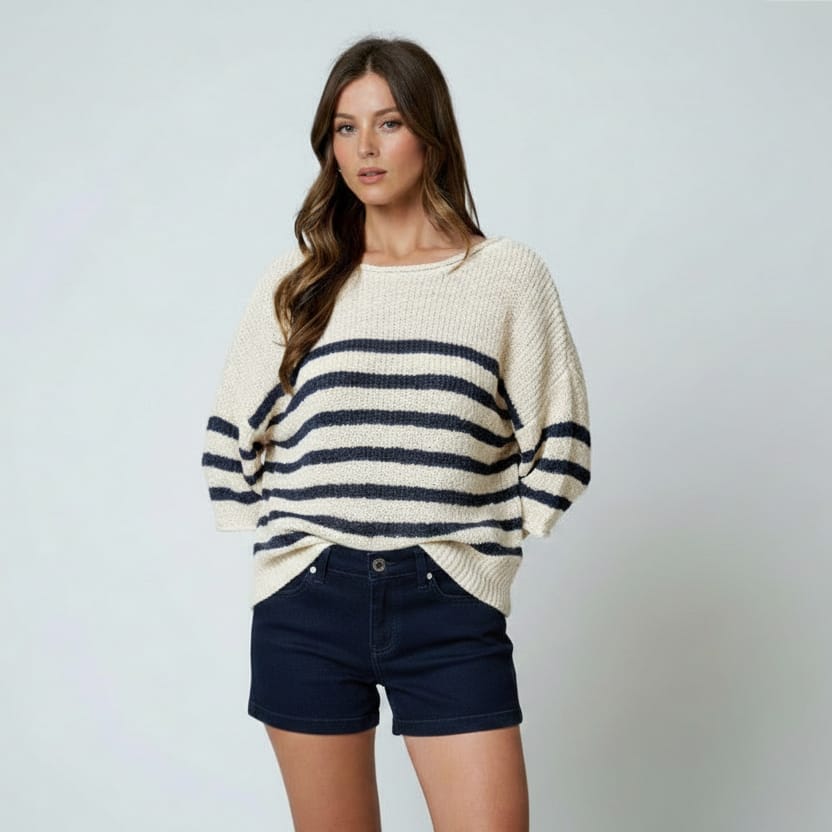 Harbor Navy &amp; Ivory Striped Half Sleeve Knit Sweater