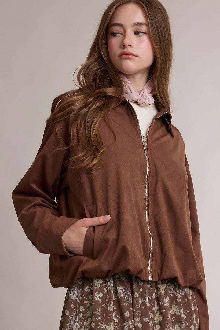 Jenna Chocolate Brown Sueded Bubble Hem Jacket Jenna Chocolate Brown Sueded Bubble Hem Jacket Tops