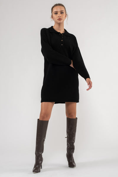 Collared Black Sweater Mini Dress