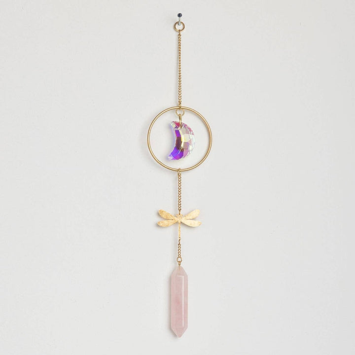 Dragonfly Rose Quartz Suncatcher | Aurora Borealis Crystal Rainbow Maker