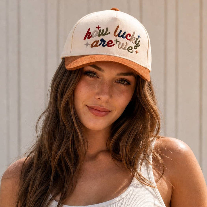 How Lucky Are We Embroidered Two-Tone Suede Brim Trucker Hat How Lucky Are We Embroidered Two-Tone Trucker Hat CINAMON Hats