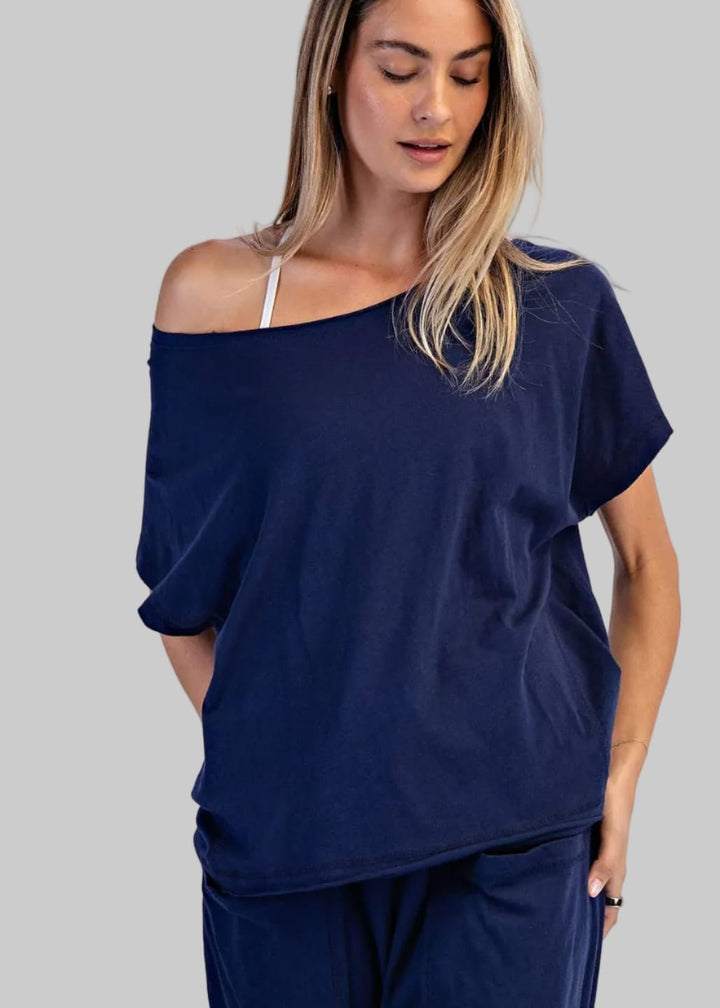 Cotton Slub Off the Shoulder Navy Tee