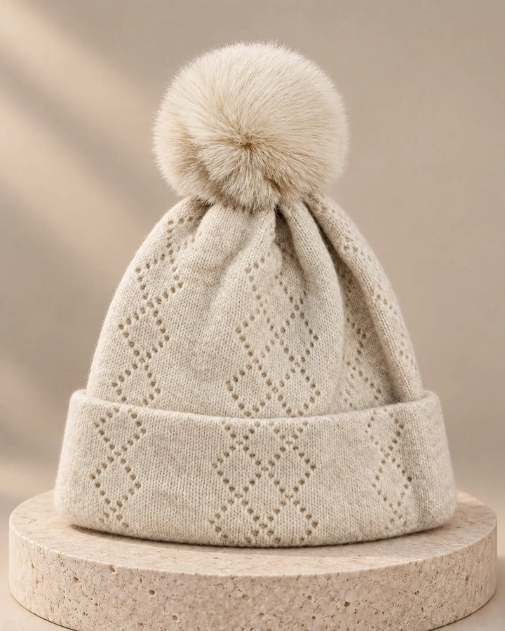 Pointelle Knit Pom Beanie Pointelle Knit Pom Beanie Beige Hats