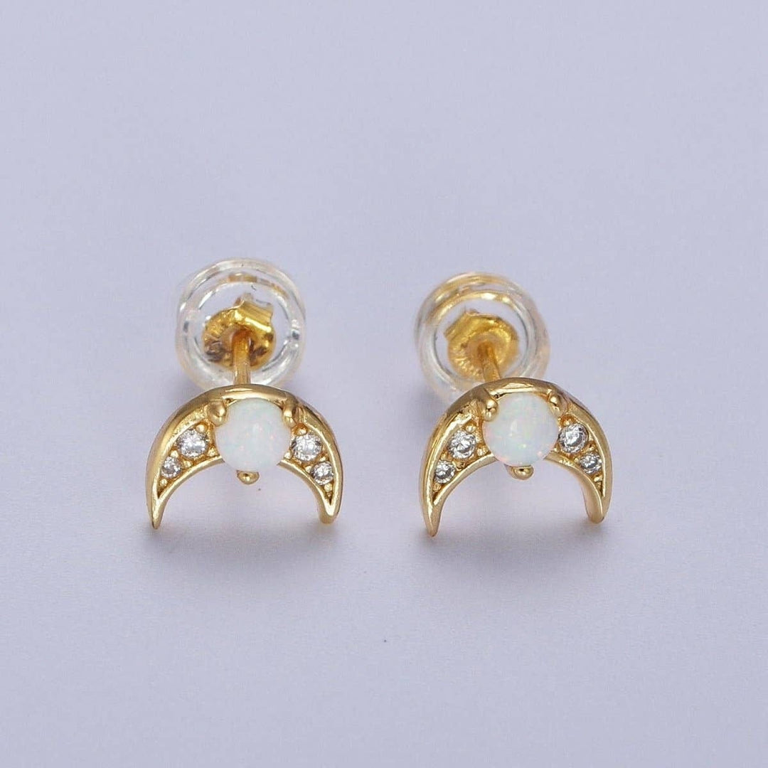 Gold Mini White Opal Micro Paved CZ Crescent Moon Stud Earrings Gold Mini White Opal Micro Paved CZ Crescent Moon Stud Earrings