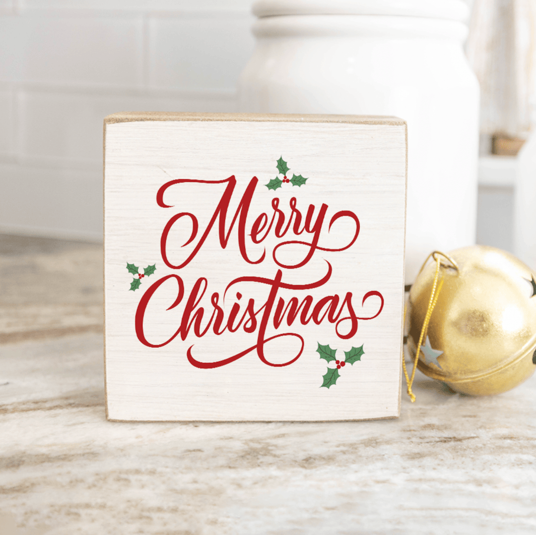 Merry Christmas Holly Wood Block Sign Merry Christmas Holly Wood Block Sign – Rustic Holiday Decor Home
