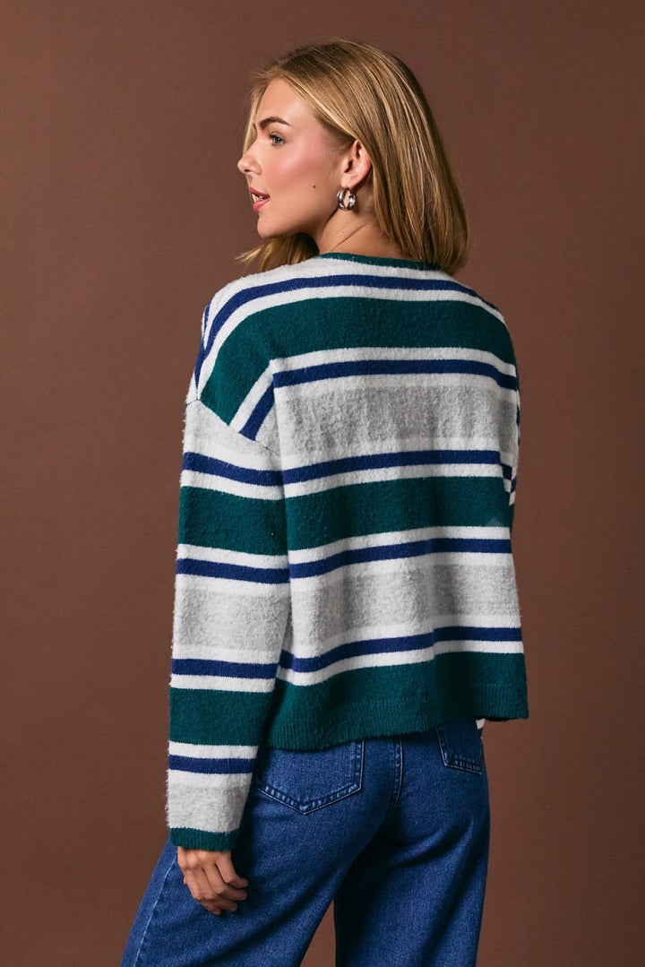 Evergreen Striped Soft Knit Crew Neck Cardigan