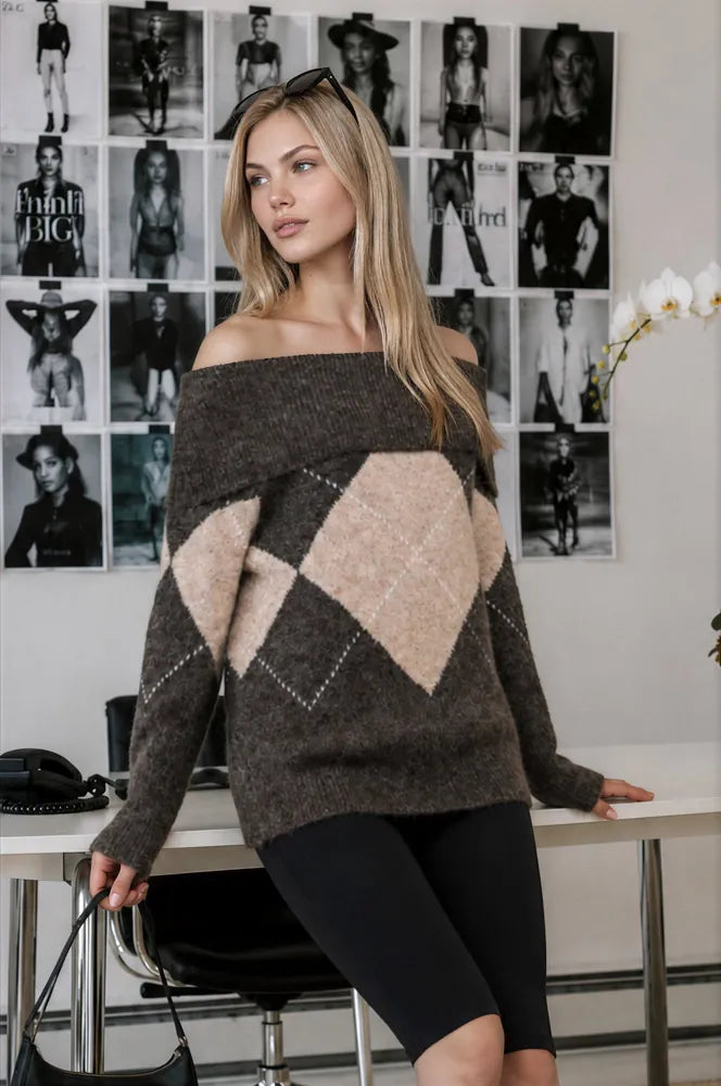 Harper Off-the-Shoulder Argyle Sweater Harper Off-the-Shoulder Argyle Sweater | Brown Grey Tops