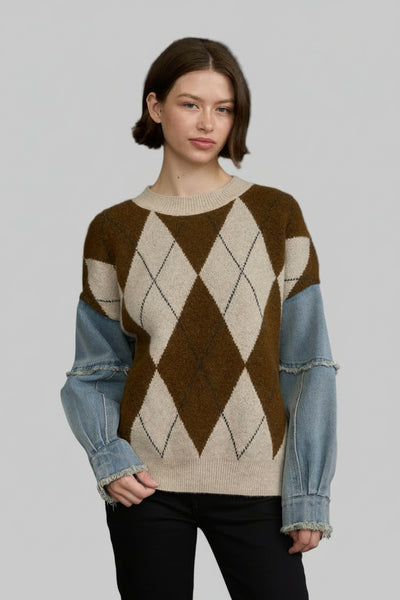 Argyle Denim Sleeve Sweater