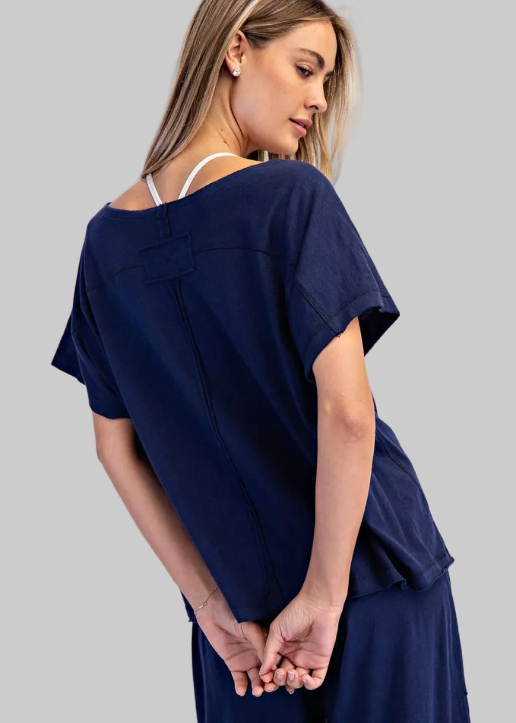 Cotton Slub Off the Shoulder Navy Tee