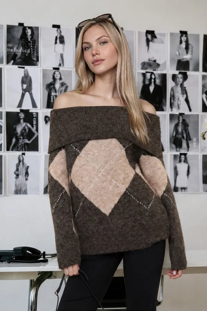 Harper Off-the-Shoulder Argyle Sweater Harper Off-the-Shoulder Argyle Sweater | Brown Grey Tops