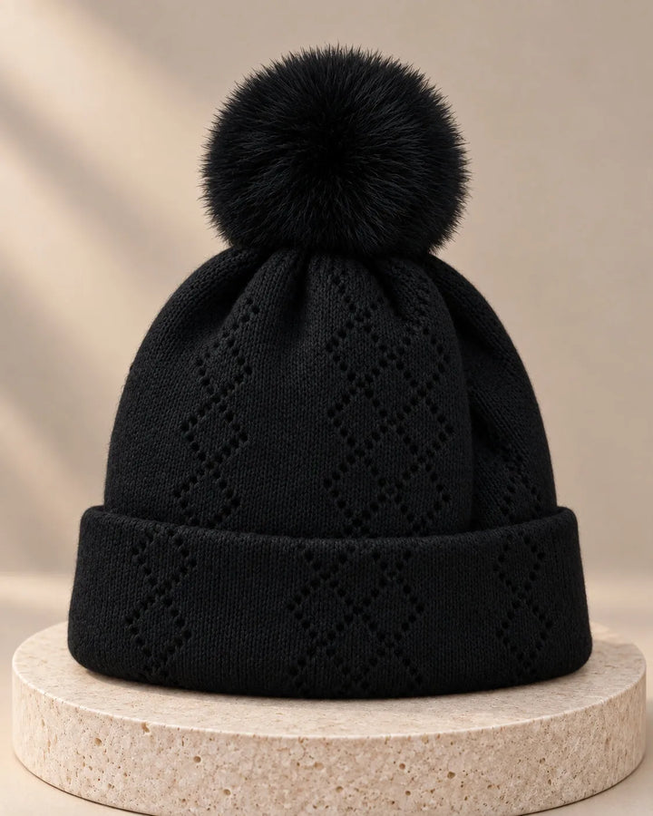 Pointelle Knit Pom Beanie Pointelle Knit Pom Beanie Black Hats