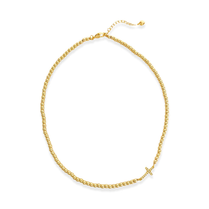 Gold Beaded Sideways Cross Necklace
