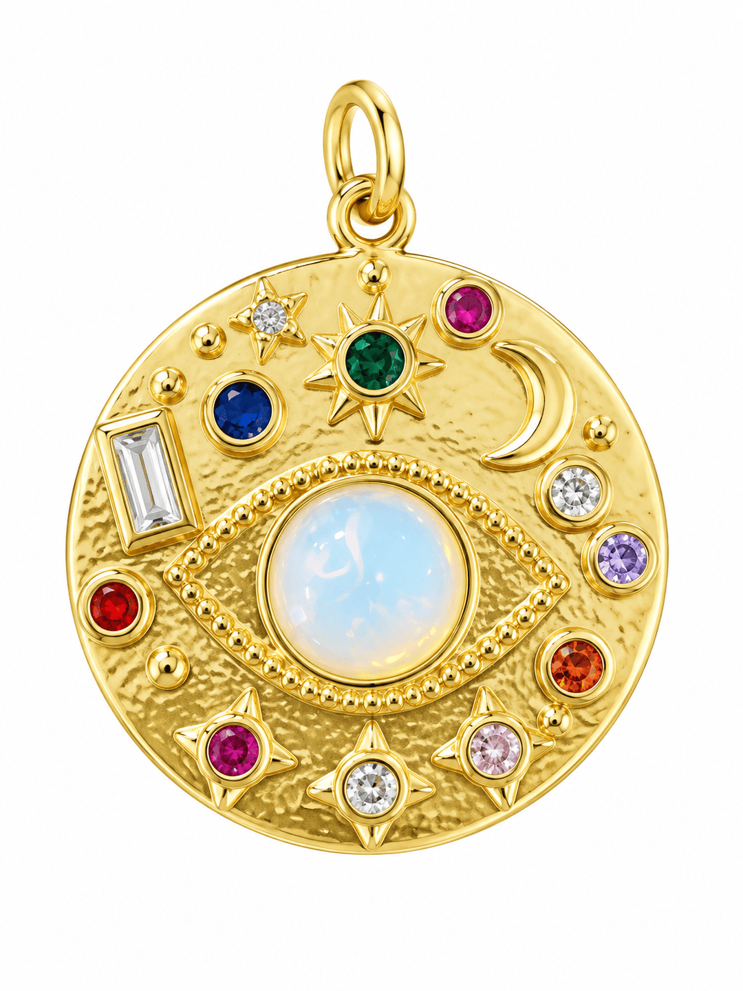 Bejeweled White Opal Evil Eye Coin Pendant 24kt Gold-Plated Opal Evil Eye Statement Pendant | The Red Owl Pendant Bar