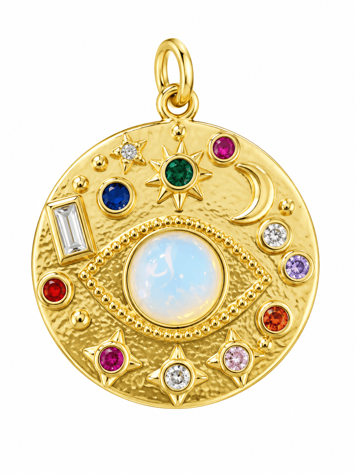 Bejeweled White Opal Evil Eye Coin Pendant 24kt Gold-Plated Opal Evil Eye Statement Pendant | The Red Owl Pendant Bar