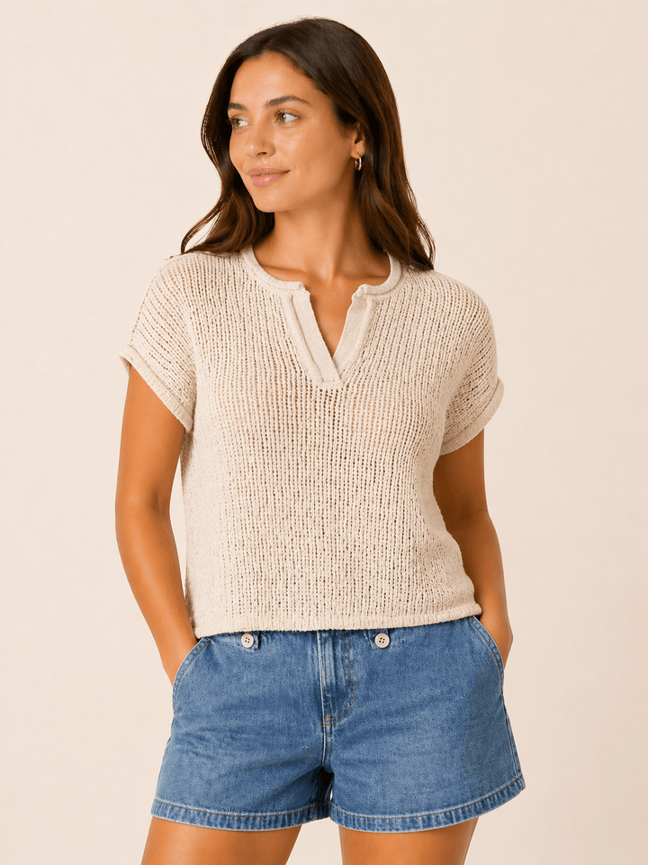 Split Neck Raw Edge Knit Top