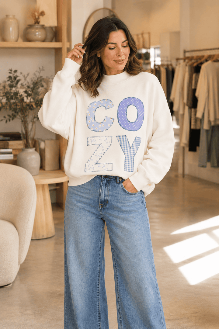 Cozy Patchwork Mockneck Sweatshirt Cozy Patchwork Mockneck Sweatshirt | Cream Graphic  Tops