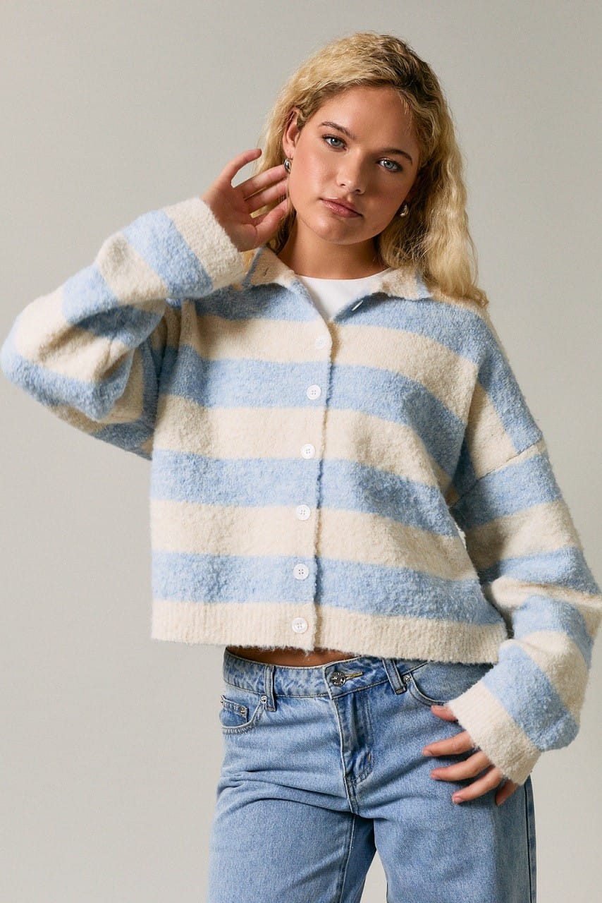 Blue Skies Striped Mock Neck Cardigan – Cream & Light Blue Blue Skies Striped Mock Neck Cardigan – Cream & Light Blue Tops