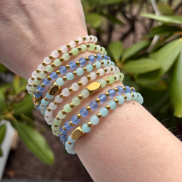 Isla Waterproof Beads of the Sea Stretch Bracelet – Mint Seaglass &amp; Gold, Tarnish-Free