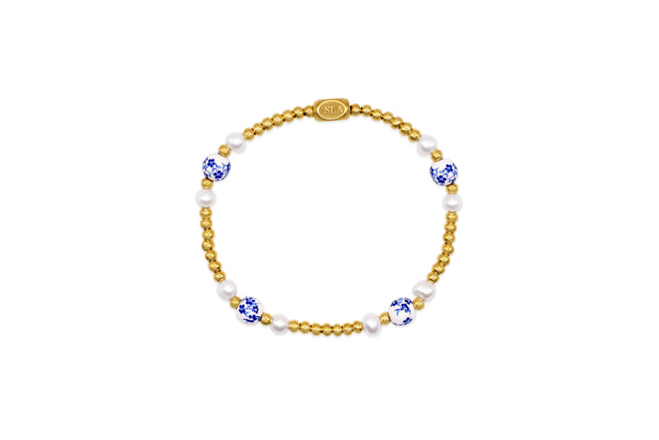 Isla Mediterranean Floral Stretch Beaded Gold Bracelet