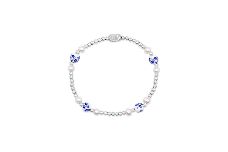 Isla Mediterranean Floral Stretch Beaded Silver Bracelet