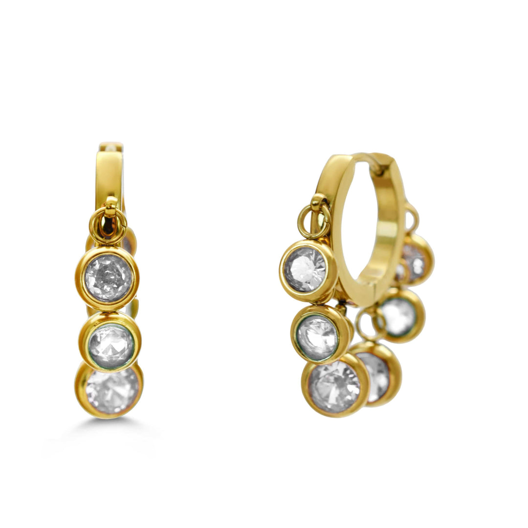 Isla “Let’s Party” Dangle Crystal Huggie Hoop Earrings – Gold or Silver, Waterproof, Tarnish-Free