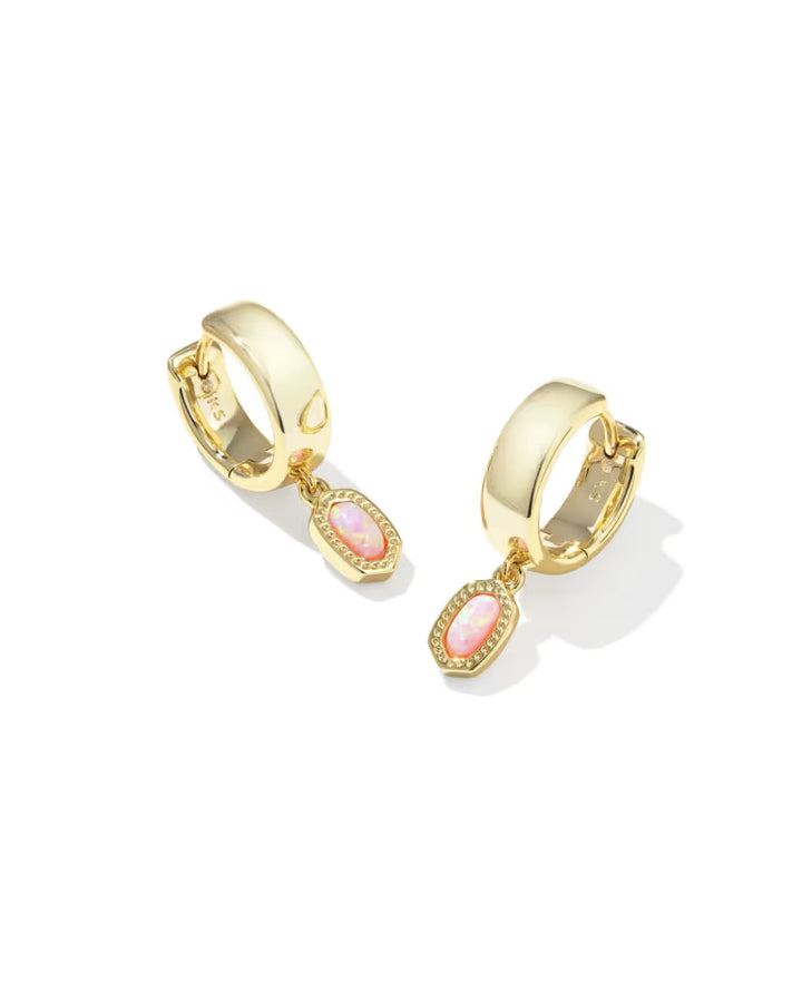 Kendra Scott Mini Ellie Wide Gold Huggie Earrings in Light Pink Lab Grown Opal