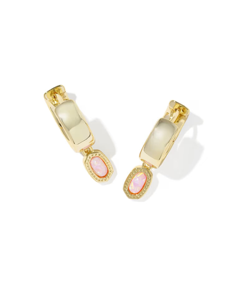 Kendra Scott Mini Ellie Wide Gold Huggie Earrings in Light Pink Lab Grown Opal