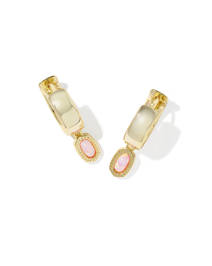 Kendra Scott Mini Ellie Wide Gold Huggie Earrings in Light Pink Lab Grown Opal