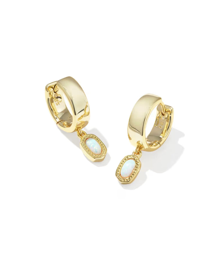Kendra Scott Mini Ellie Wide Gold Huggie Earrings in Bright White Lab Grown Opal