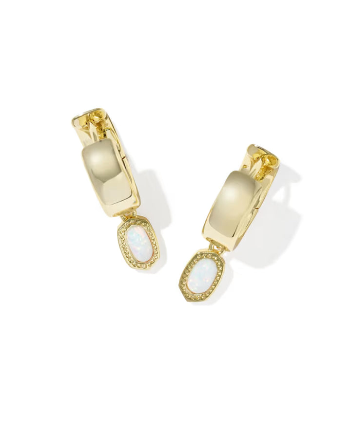 Kendra Scott Mini Ellie Wide Gold Huggie Earrings in Bright White Lab Grown Opal