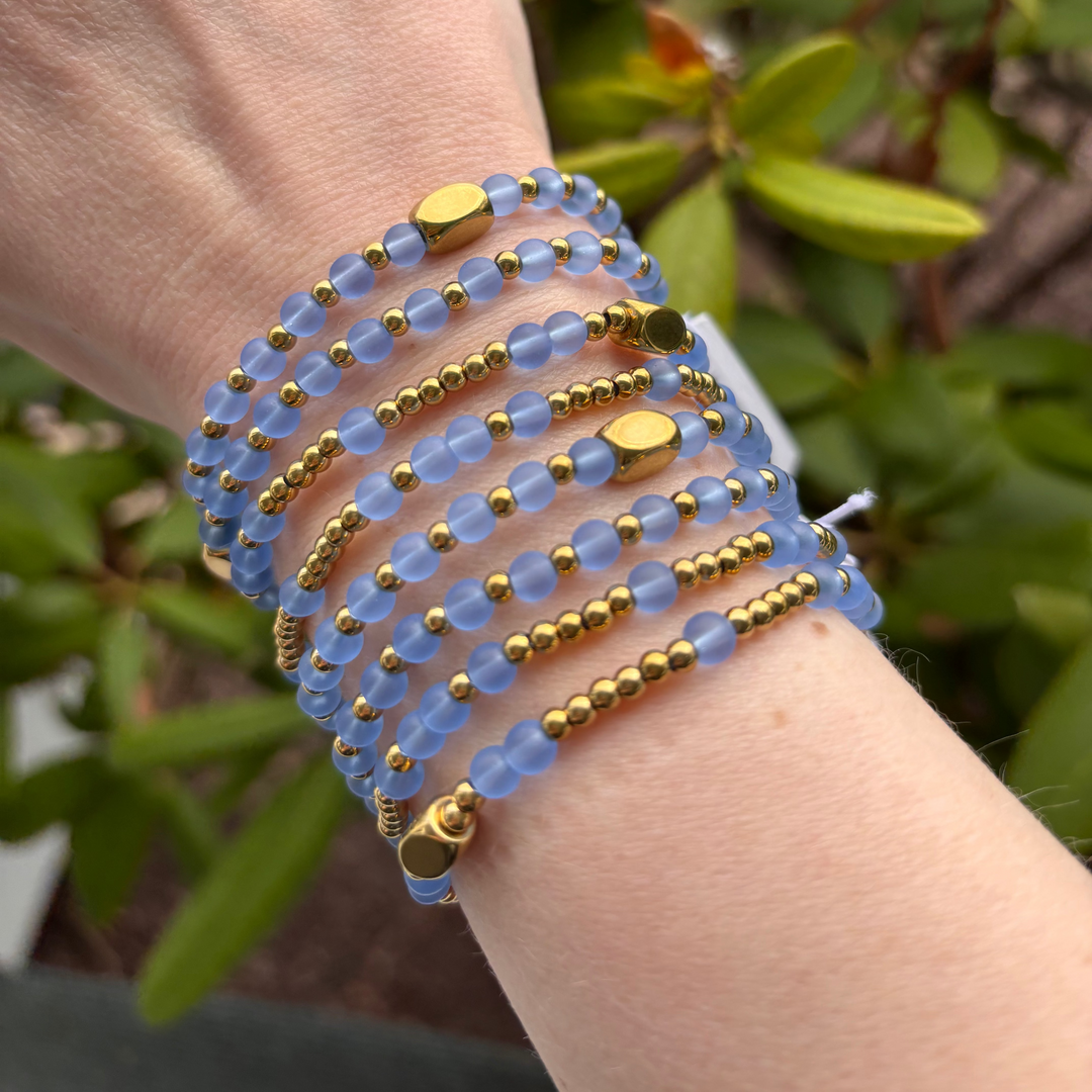 Isla Waterproof Beads of the Sea Stretch Bracelet – Periwinkle Seaglass &amp; Gold, Tarnish-Free