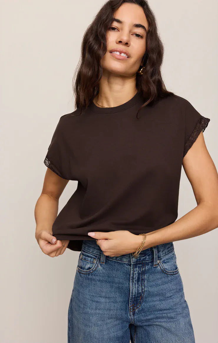 Z Supply Marika Lace Trim Muscle Tee in Dark Chocolate