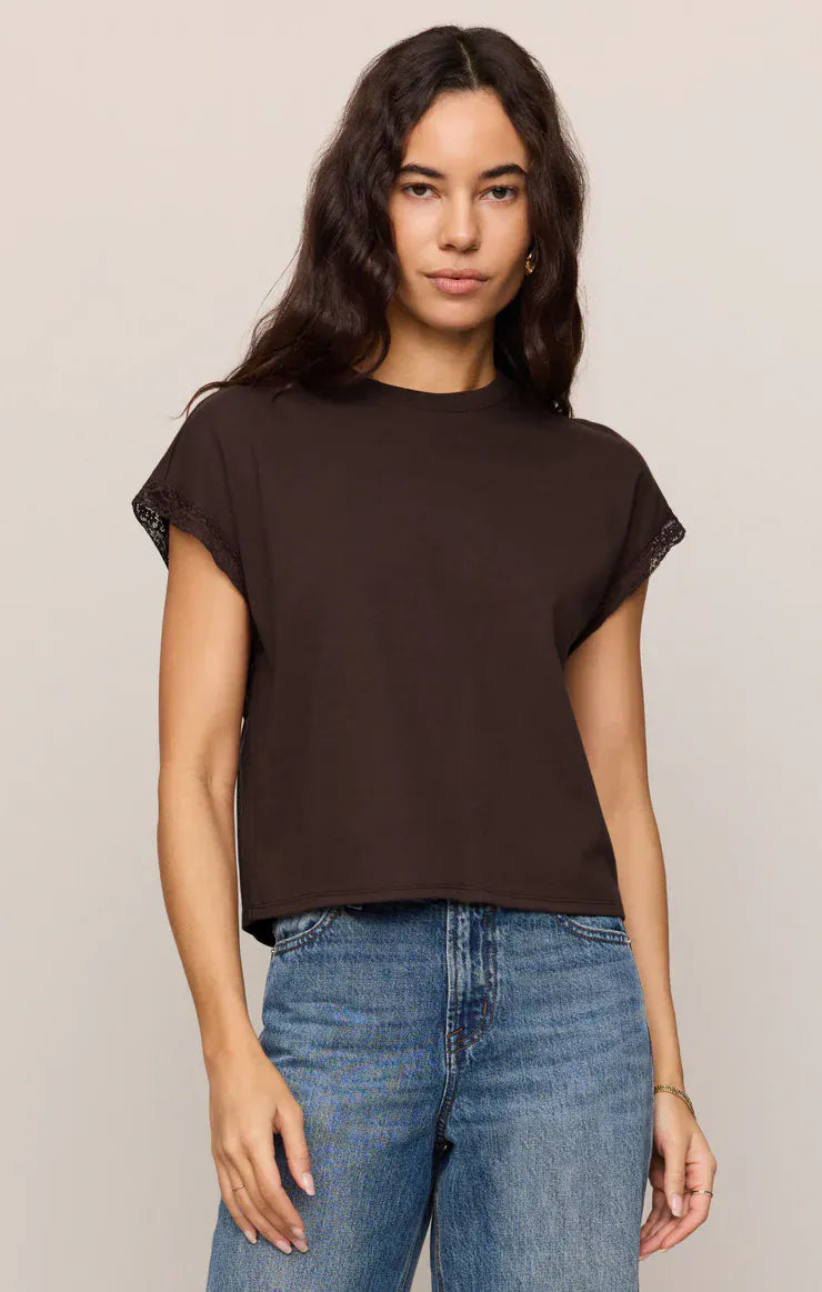 Z Supply Marika Lace Trim Muscle Tee in Dark Chocolate