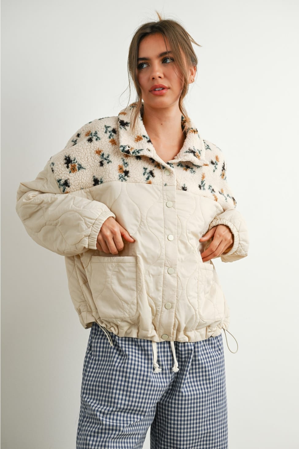 Juniper Floral Sherpa Fleece Quilted Jacket Juniper Floral Sherpa Quilted Jacket | Ivory White Tops