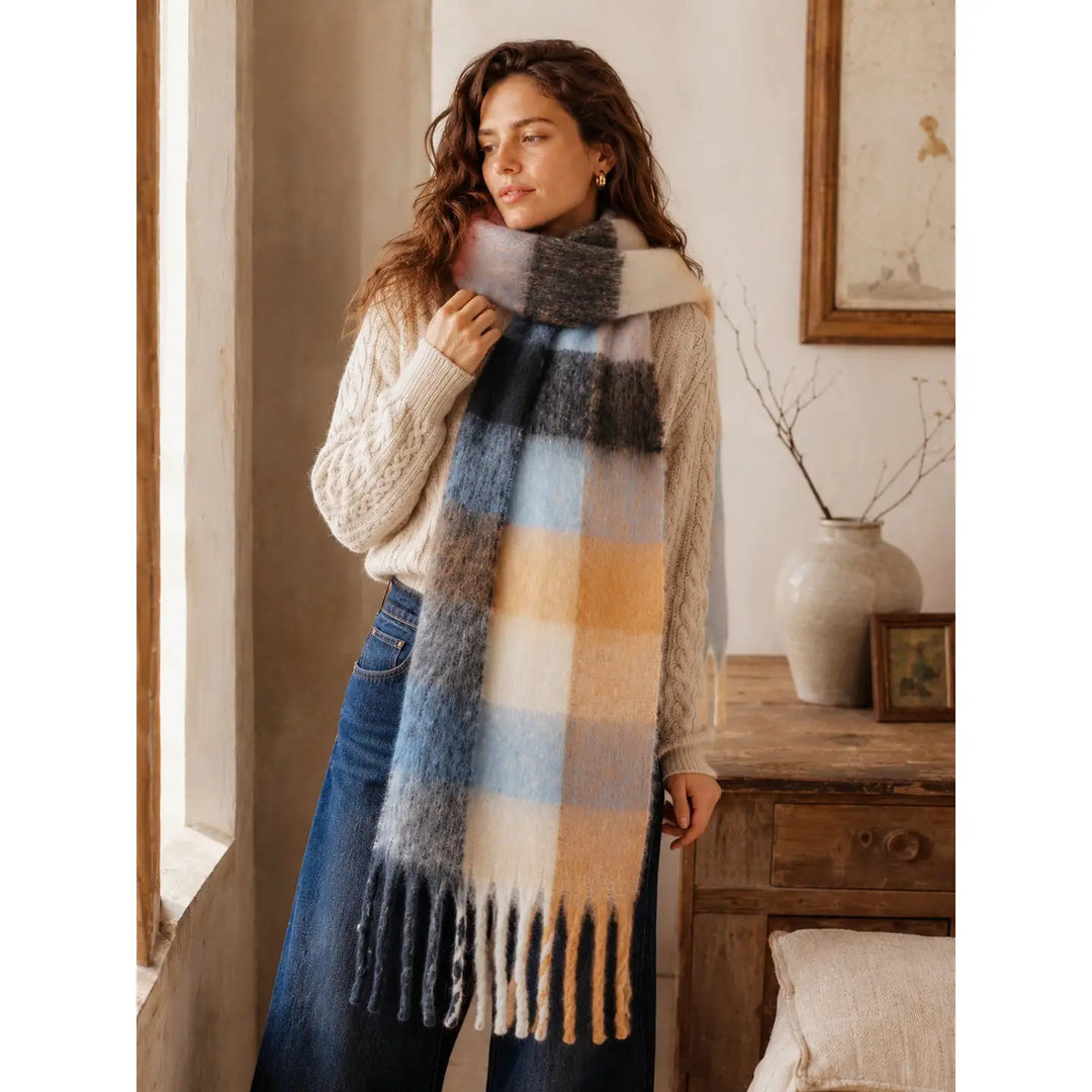 Cozy Long Fringe Fuzzy Scarf Cozy Fuzzy Scarf with Long Fringe – Soft Winter Accessory Navy-Camel Scarves