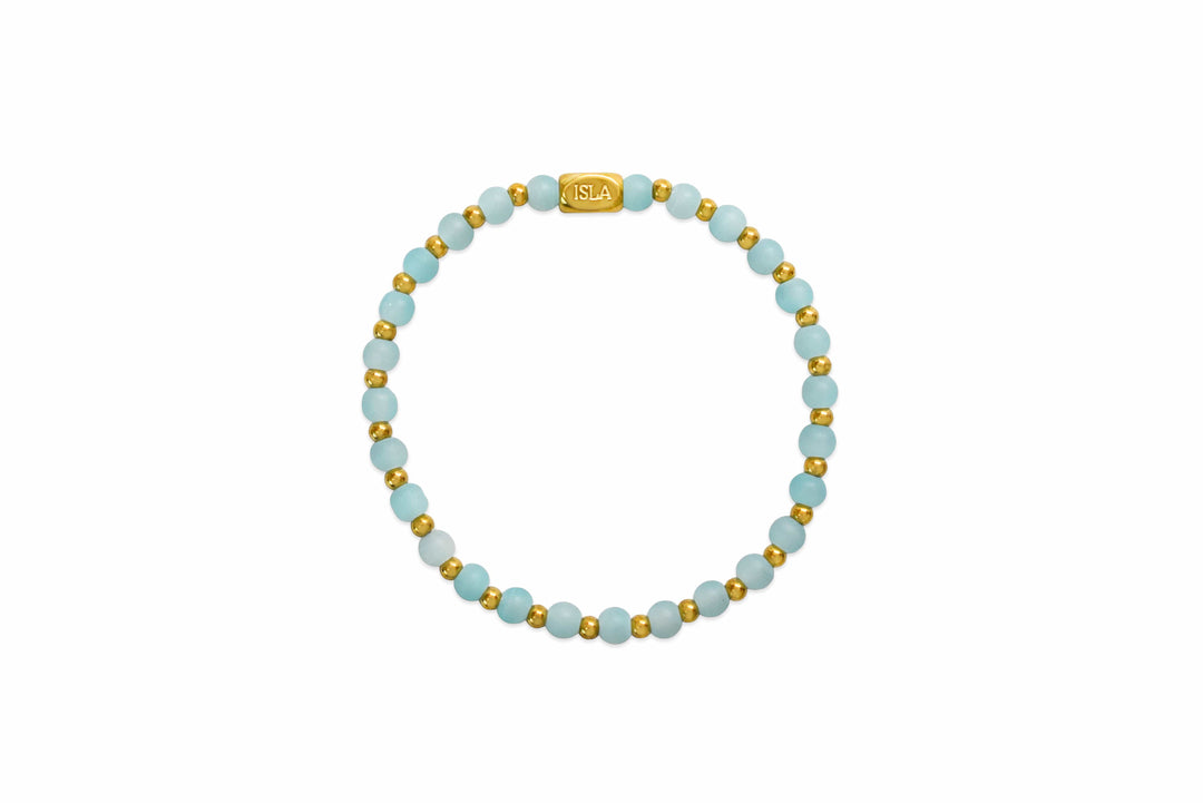 Isla Waterproof Beads of the Sea Stretch Bracelet – Sky Blue Seaglass &amp; Gold, Tarnish-Free