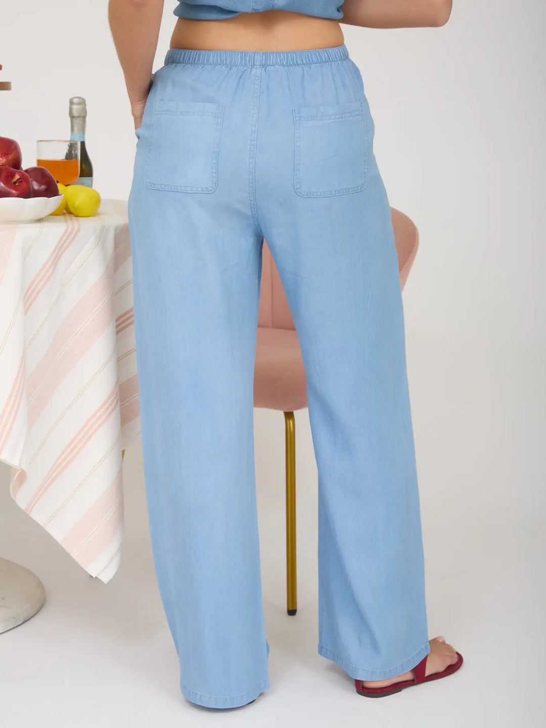 Chambray  Wide Leg Drawstring Pants