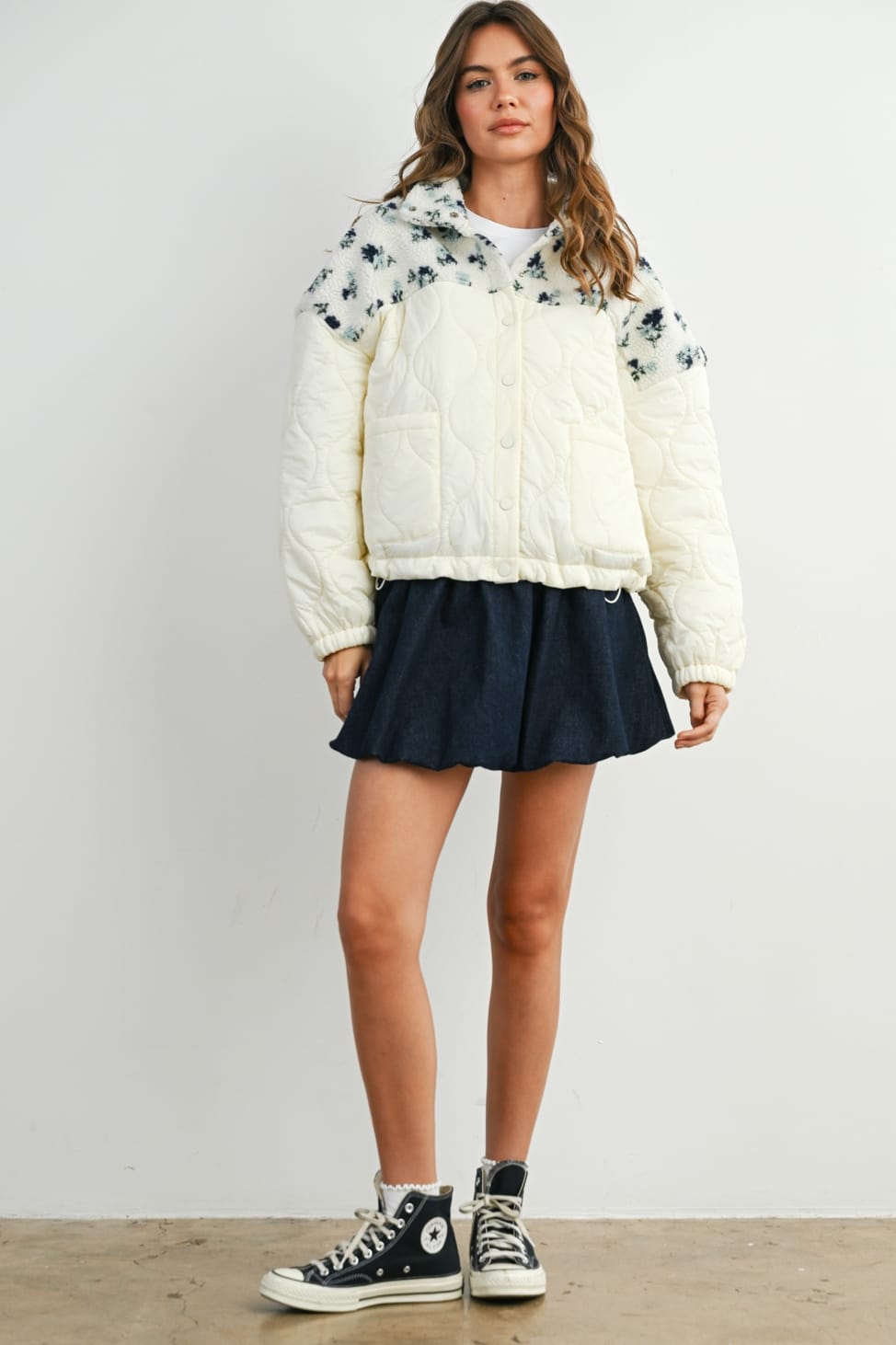 Juniper Floral Sherpa Fleece Quilted Jacket Juniper Floral Sherpa Quilted Jacket | Ivory White Tops
