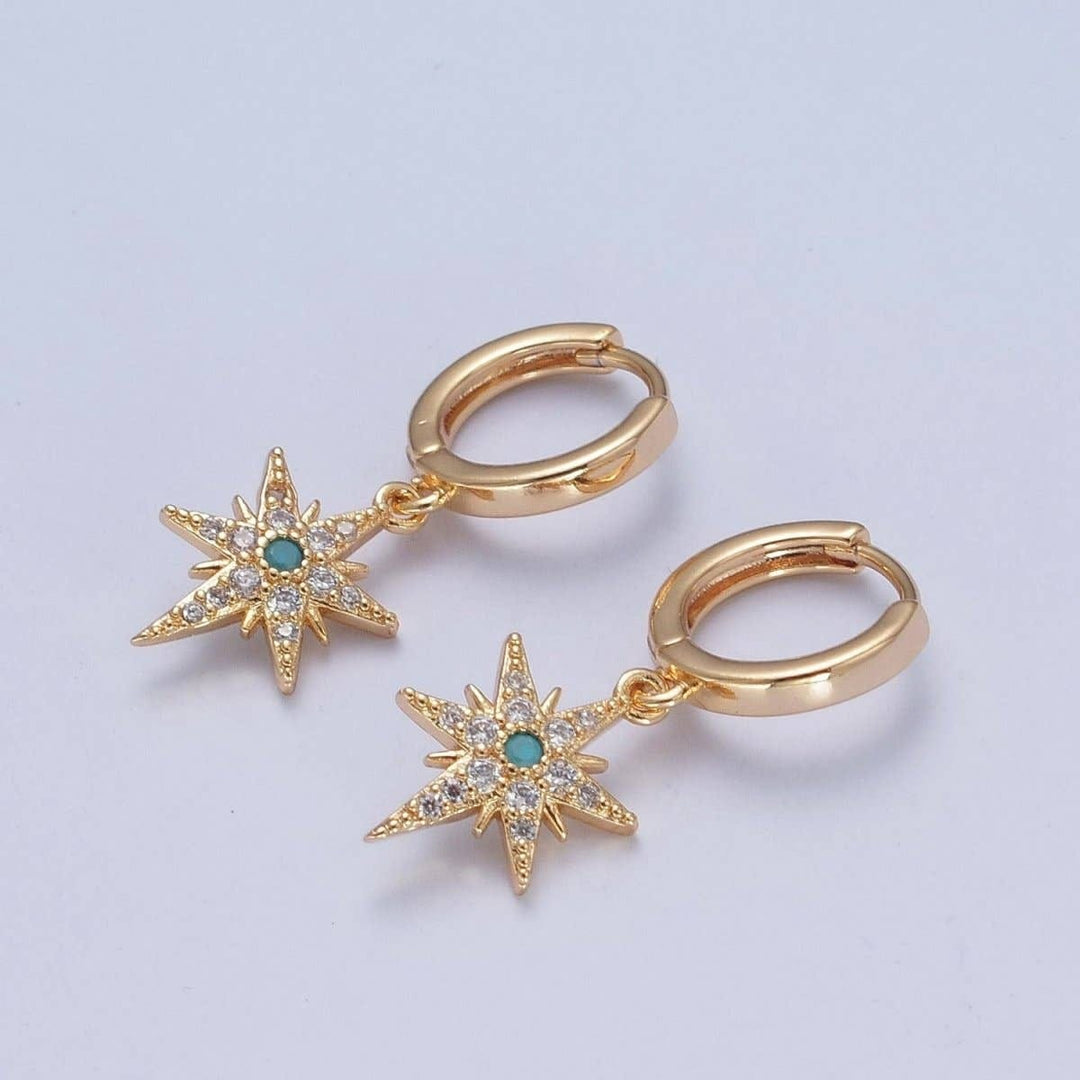 Gold Micro Pave Clear CZ Turquoise Celestial Star Charm Dangle Drop Earrings