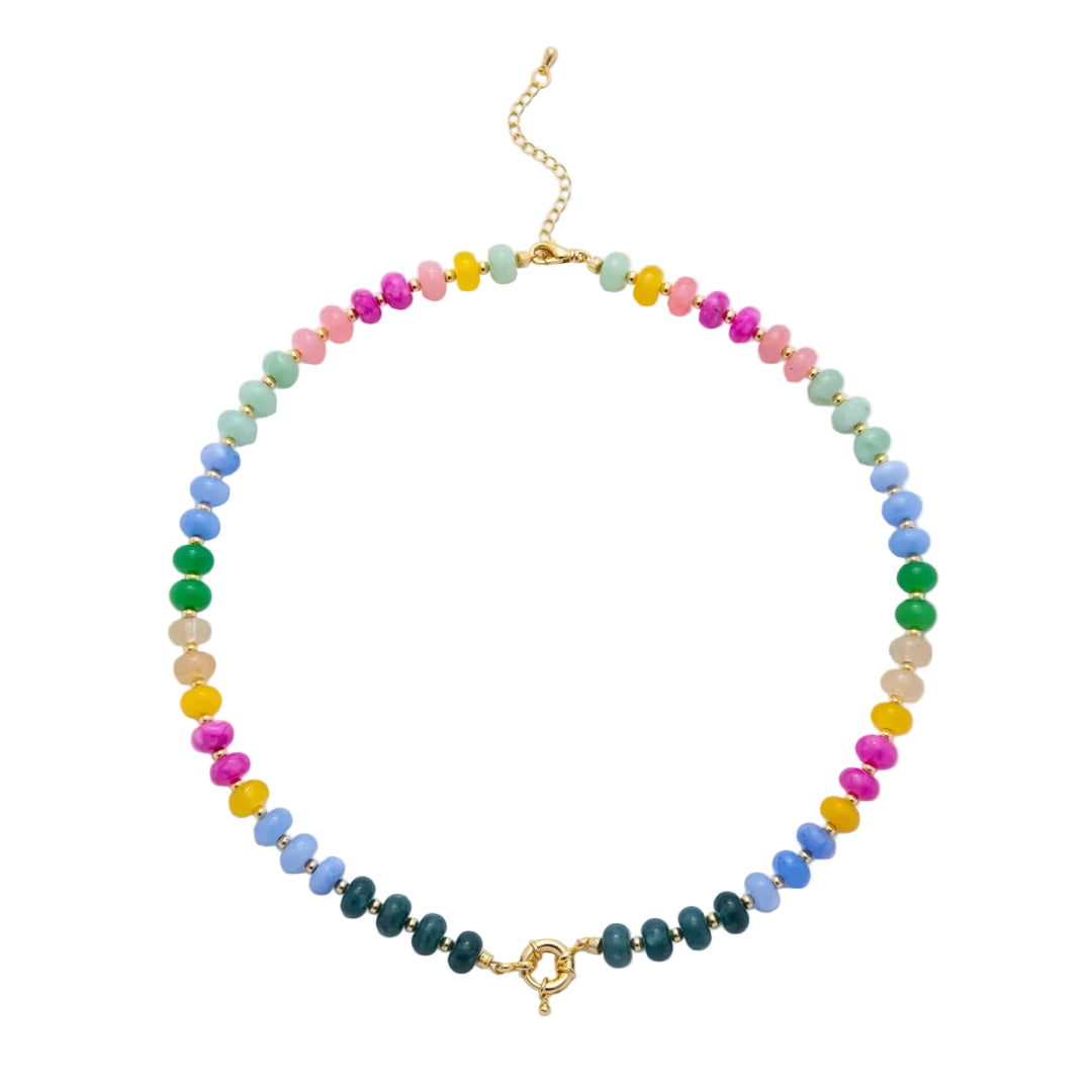 18kt Gold Plated Colorful Candy Gem Charm Keeper Necklace Colorful Candy Gem Beaded Necklace | Rainbow 18K Gold Necklace