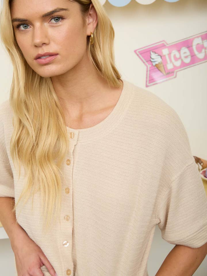 Textured Knit Button Down Short Sleeve Cardigan