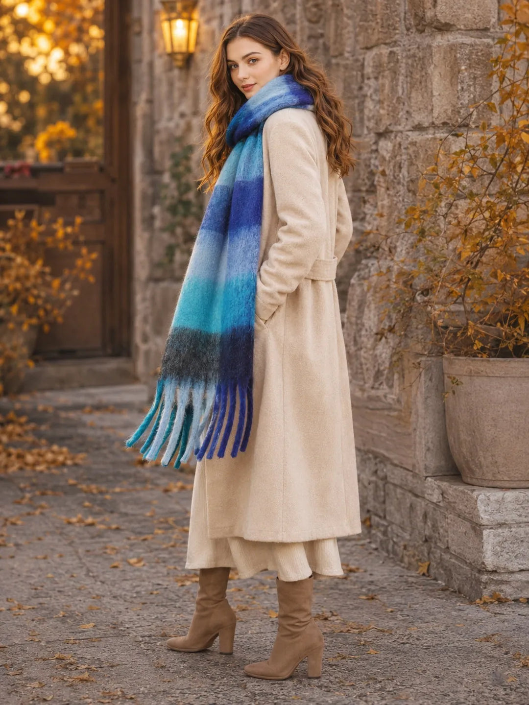 Cozy Long Fringe Fuzzy Scarf Cozy Fuzzy Scarf with Long Fringe – Soft Winter Accessory Navy-Blue Scarves