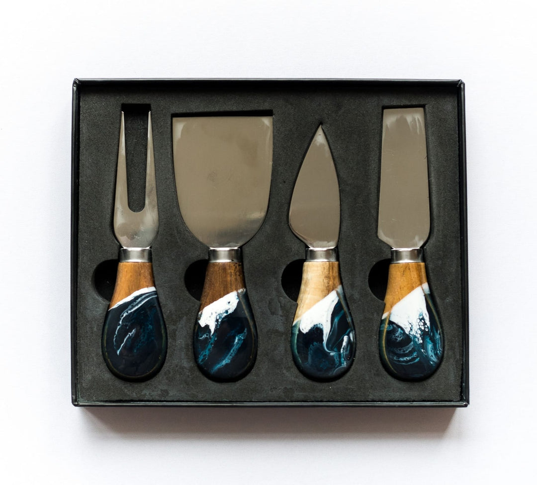Resin Art Cheese Spreader Set Resin Art Cheese Knife &amp; Spreader Set – 4-Piece Gift Set Navy White Metallic Home