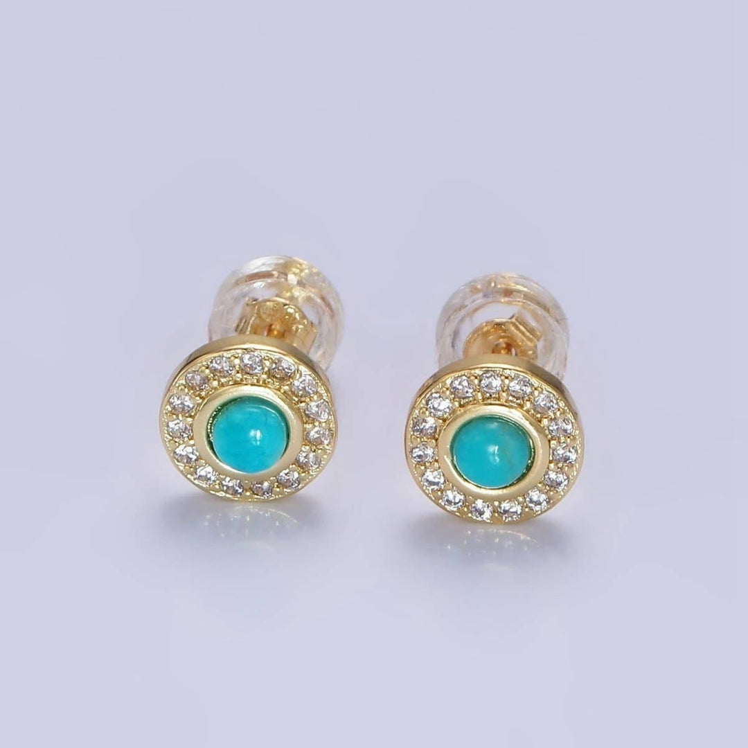 Gold Turquoise Pave Round Stud Earrings