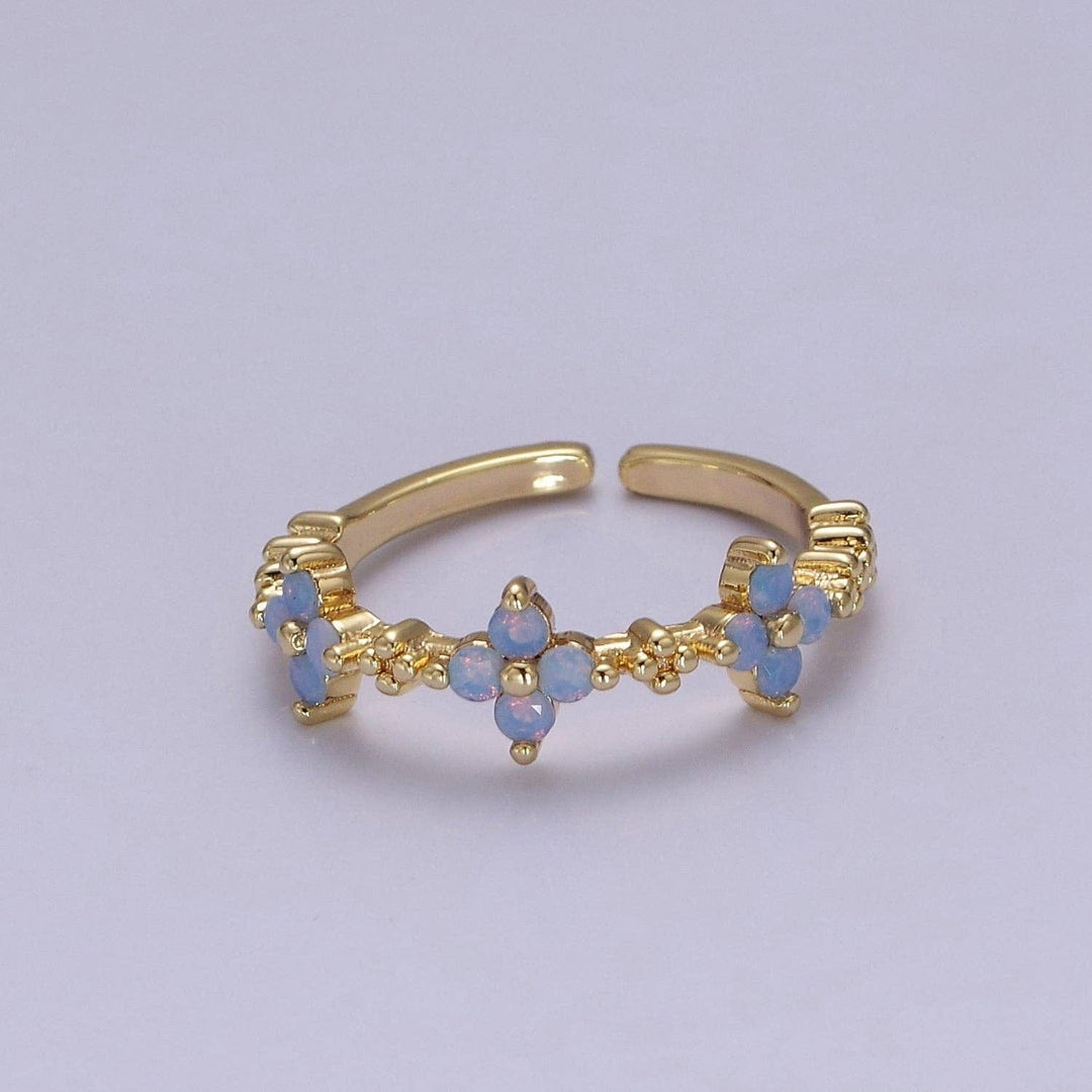 Dainty Blue Opal Flower Ring Open Adjustable Gold Filled Band Ring