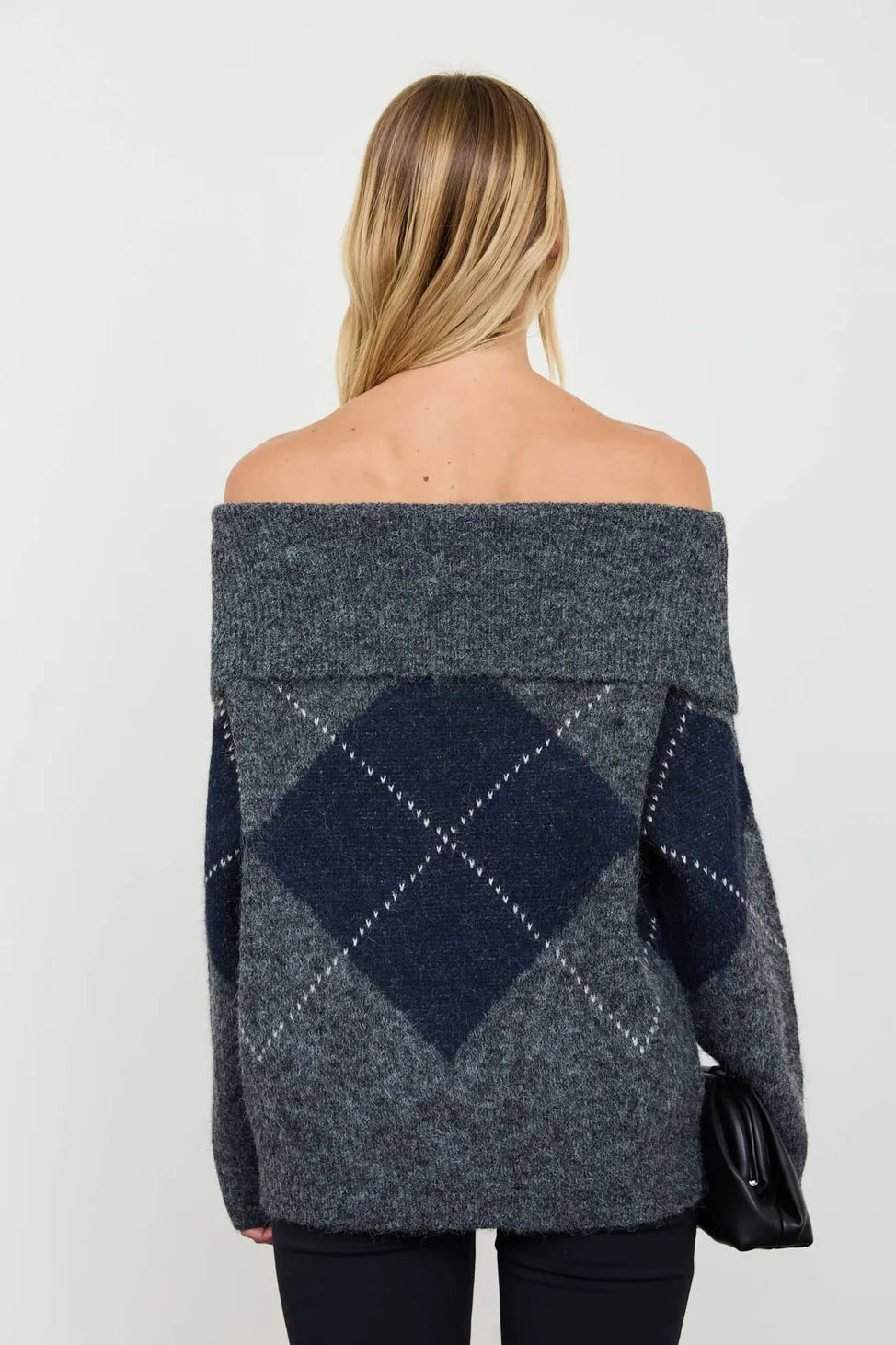Harper Off-the-Shoulder Argyle Sweater Harper Off-the-Shoulder Argyle Sweater | Brown Grey Tops